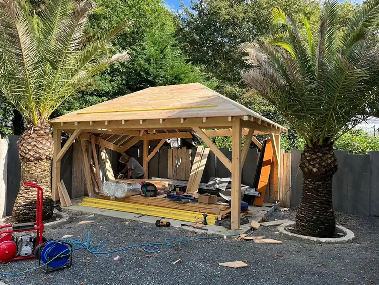Abri de jardin en construction, charpente bois montée entre deux palmiers