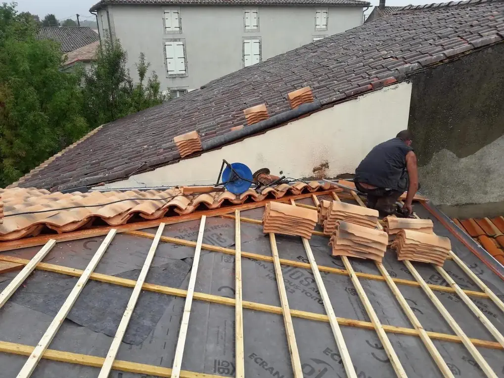 Versant en cours de repose, liteaunage neuf et tuiles réparties par tas